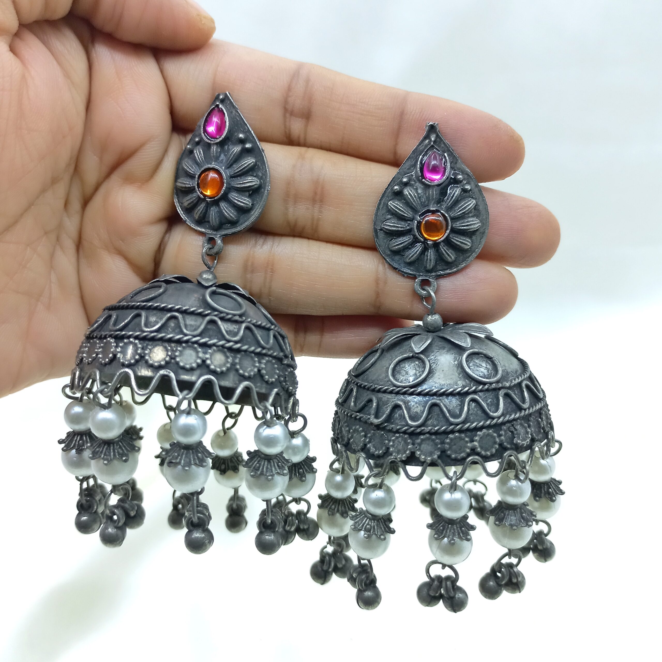 Oxidised Finish Pearl Stud Earrings In Sterling Silver Design by V&A  Jewellers at Pernia's Pop Up Shop 2024